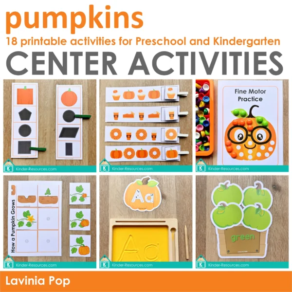 Collage of pumpkin preschool activities including shape clip cards, AB patterns, fine motor mat, sequencing life cycle, alphabet tracing, and color sorting crates.