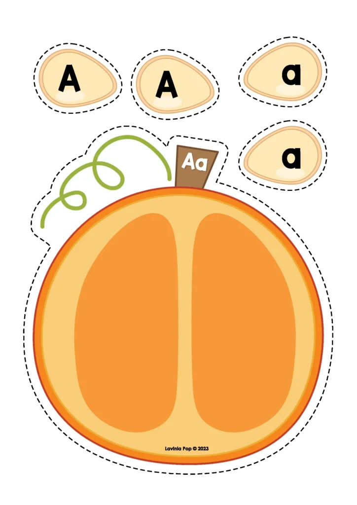 Pumpkin alphabet matching mat with uppercase and lowercase letter A seeds – free literacy printable download.