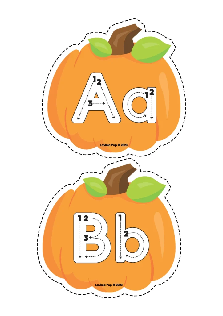 Pumpkin alphabet tracing cards showing uppercase and lowercase letters with handwriting strokes – free download.