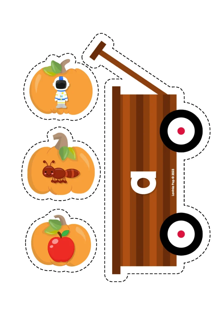 Pumpkin wagon beginning sounds activity with pictures for A – astronaut, ant, apple – free preschool download.