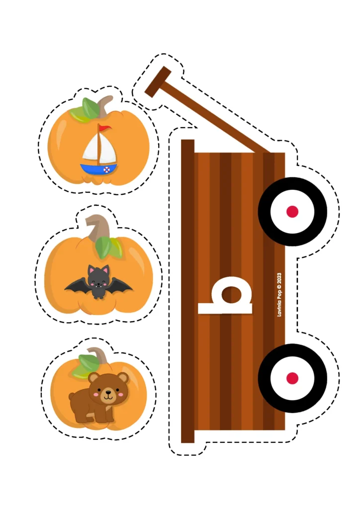 Pumpkin wagon beginning sounds match for letter B – bat, bear, boat – free phonics activity download.