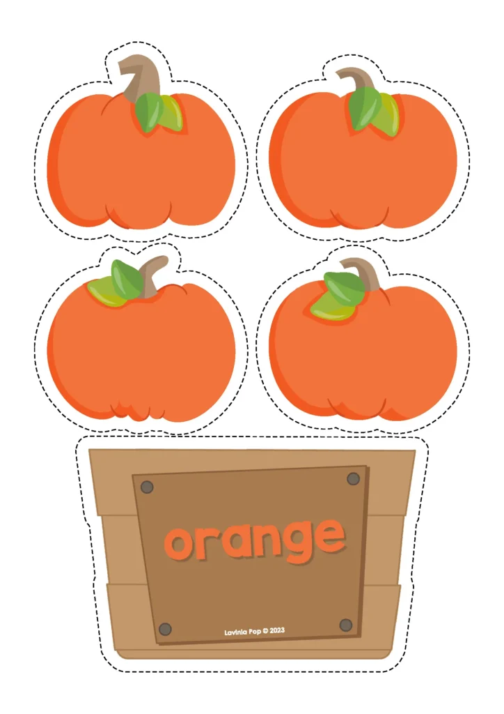 Pumpkin color sorting activity with orange pumpkins and crate labeled “orange” – free preschool download.