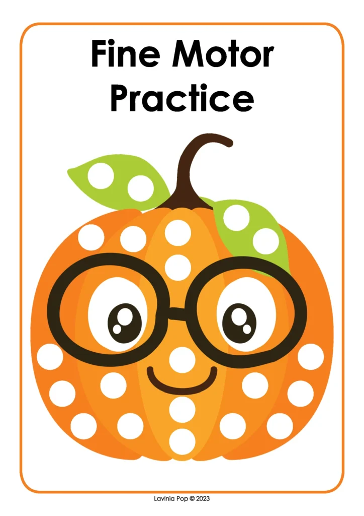 Pumpkin fine motor mat with dot markers for strengthening hand muscles – free preschool download.