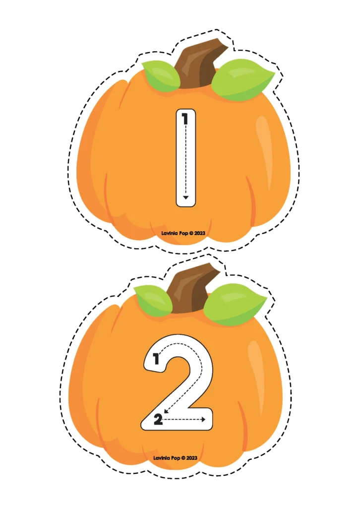 Pumpkin number cards showing handwriting strokes for numbers 1 and 2 – free preschool math download.
