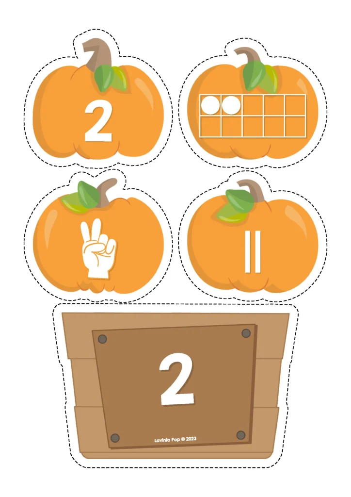 Pumpkin number sense sorting activity for number 2 – tally marks, ten frame, hand counting – free preschool printable.