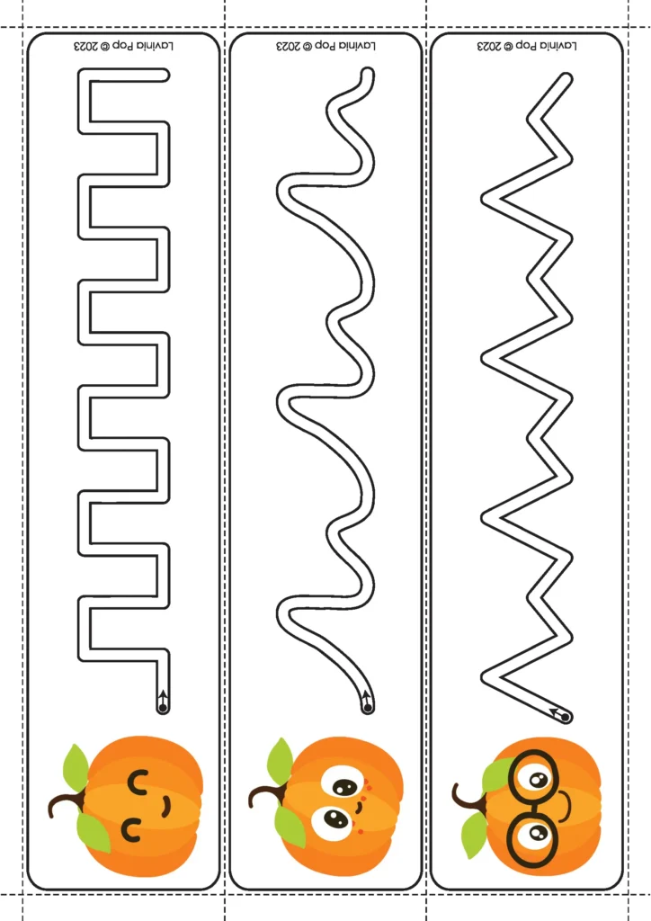 Pumpkin pre-writing cards with straight, curved, and zig-zag lines – free printable preschool tracing activity.