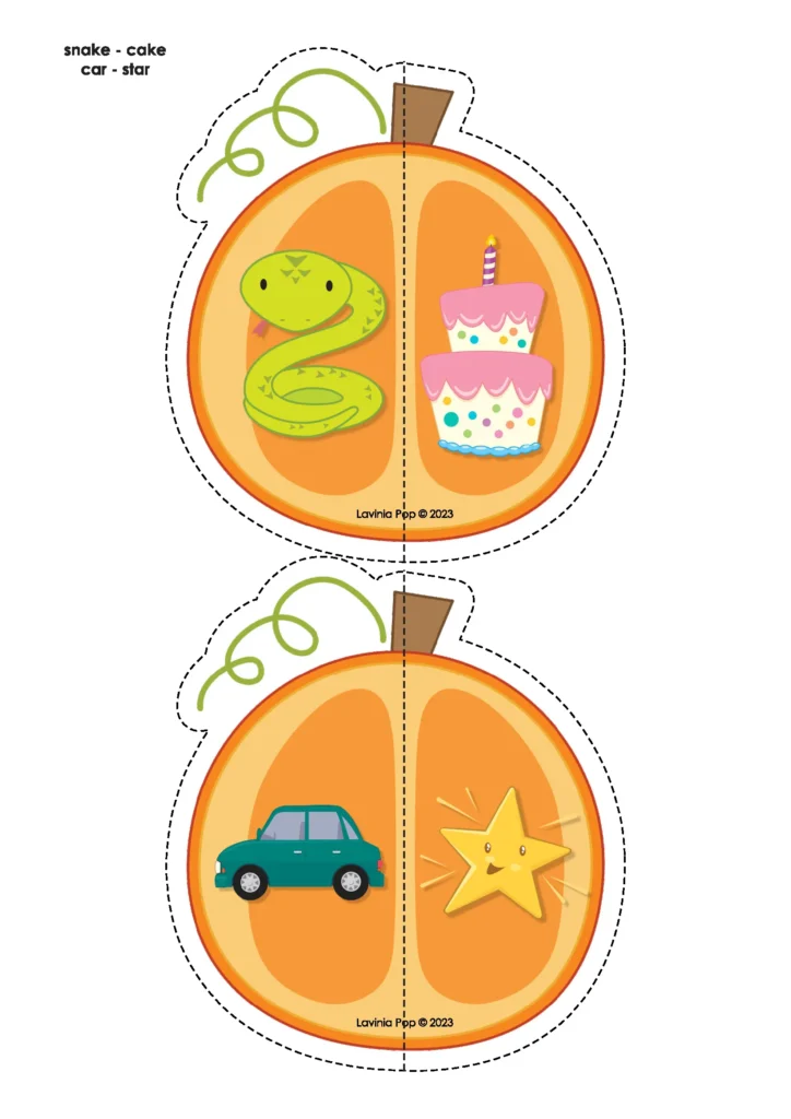 Pumpkin rhyming words activity showing snake/cake and car/star matches – free phonics download.
