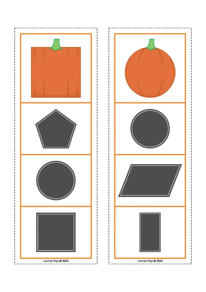 Pumpkin shapes matching mats for preschool – match pumpkins to shapes like square, circle, pentagon – free download.