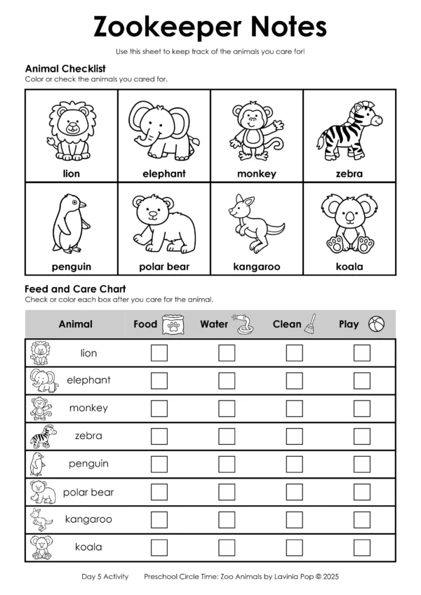 Zookeeper Notes worksheet with animal checklist and feed and care chart for zoo animals preschool circle time plan