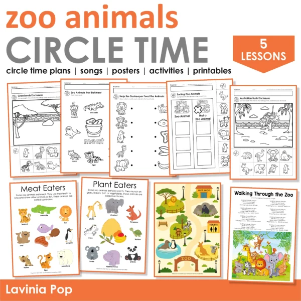 Zoo animals preschool circle time plan with worksheets, posters, activities, and song visuals