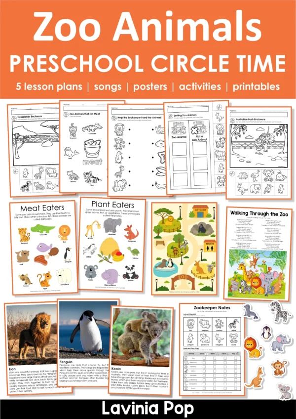 Zoo animals preschool circle time plan with lesson plans, activities, posters, worksheets, and songs