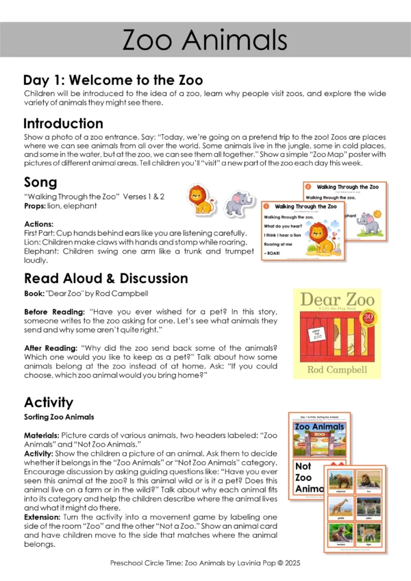 Zoo animals preschool circle time plan lesson one with song, book, activity, and discussion prompts