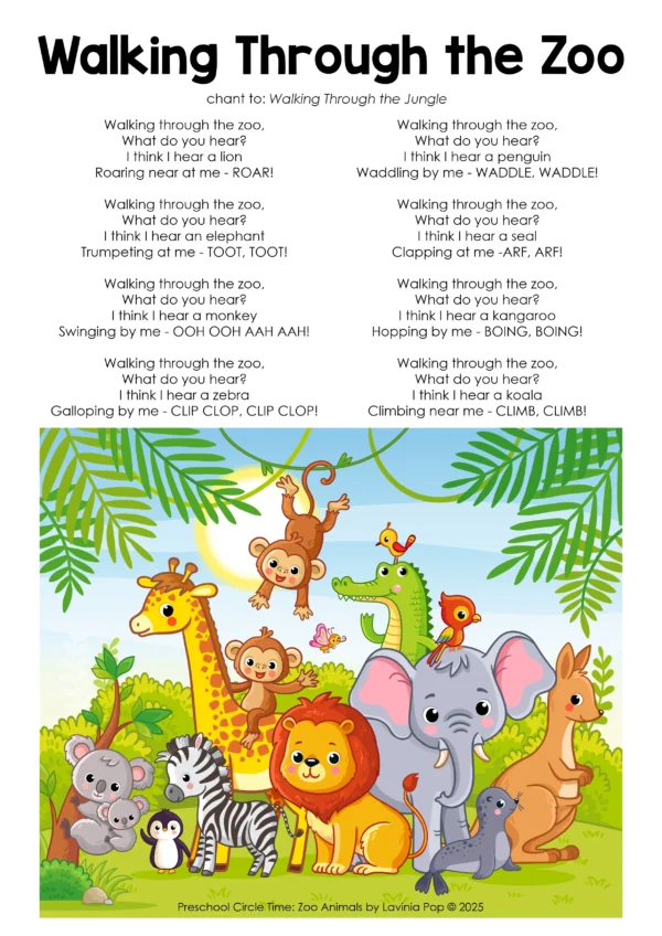 Walking Through the Zoo preschool circle time song chart with lyrics and animal actions