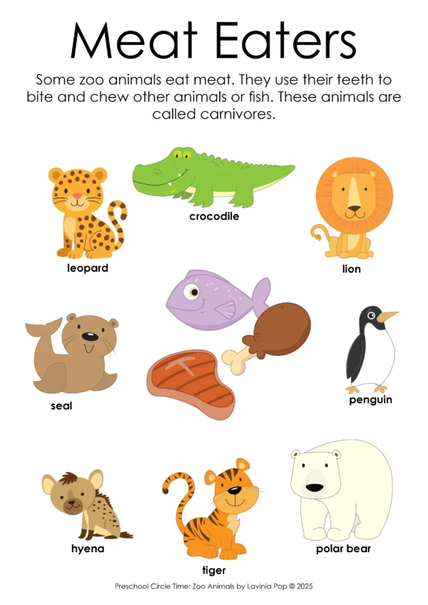 Meat eaters poster showing carnivorous zoo animals such as lion, tiger, crocodile, penguin, seal, and polar bear