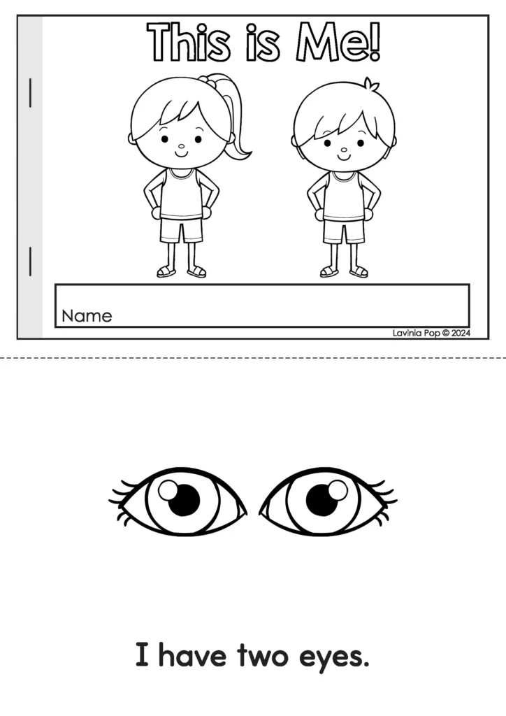 Printable emergent reader booklet for preschool and kindergarten. Students read and color pages about their body parts and themselves.