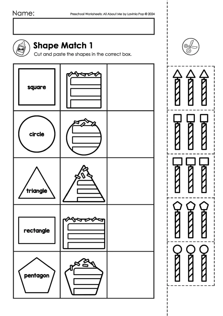 Shape recognition cut and paste activity for preschool and kindergarten. Students match candle shapes to cakes. FREE to download on the blog!