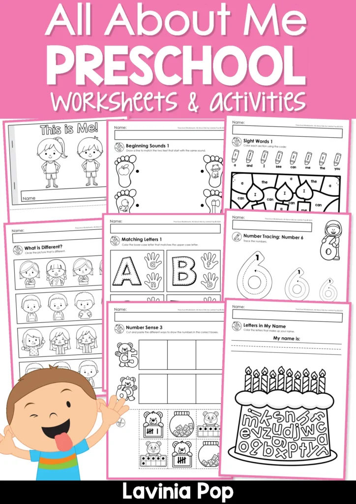 All About Me preschool worksheets and activities pack with free printable pages for back to school. Includes tracing, sight words, numbers, phonics, and emotions activities for preschool and kindergarten.