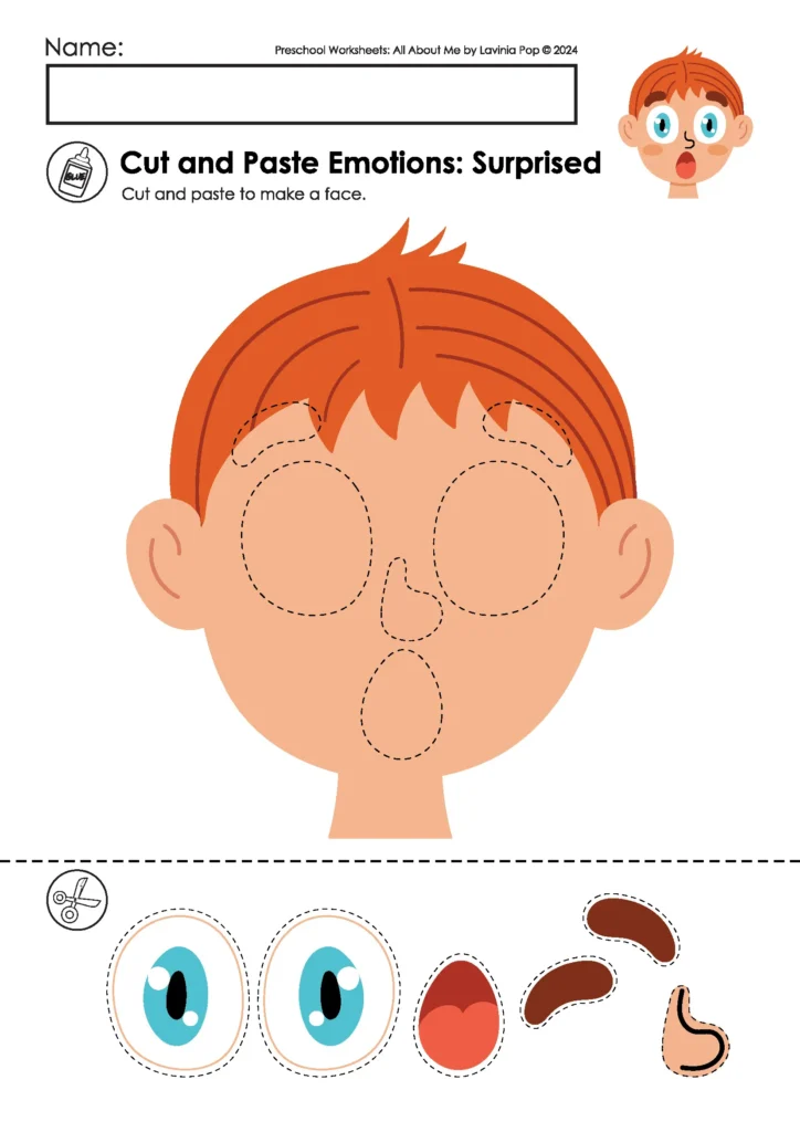 Preschool emotions cut and paste worksheet. Students create a surprised face by adding eyes, mouth, and eyebrows. FREE to download on the blog!