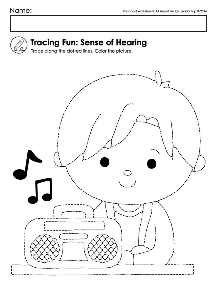Preschool five senses worksheet for tracing. Students trace dotted lines to complete a picture of listening to music. FREE to download on the blog!