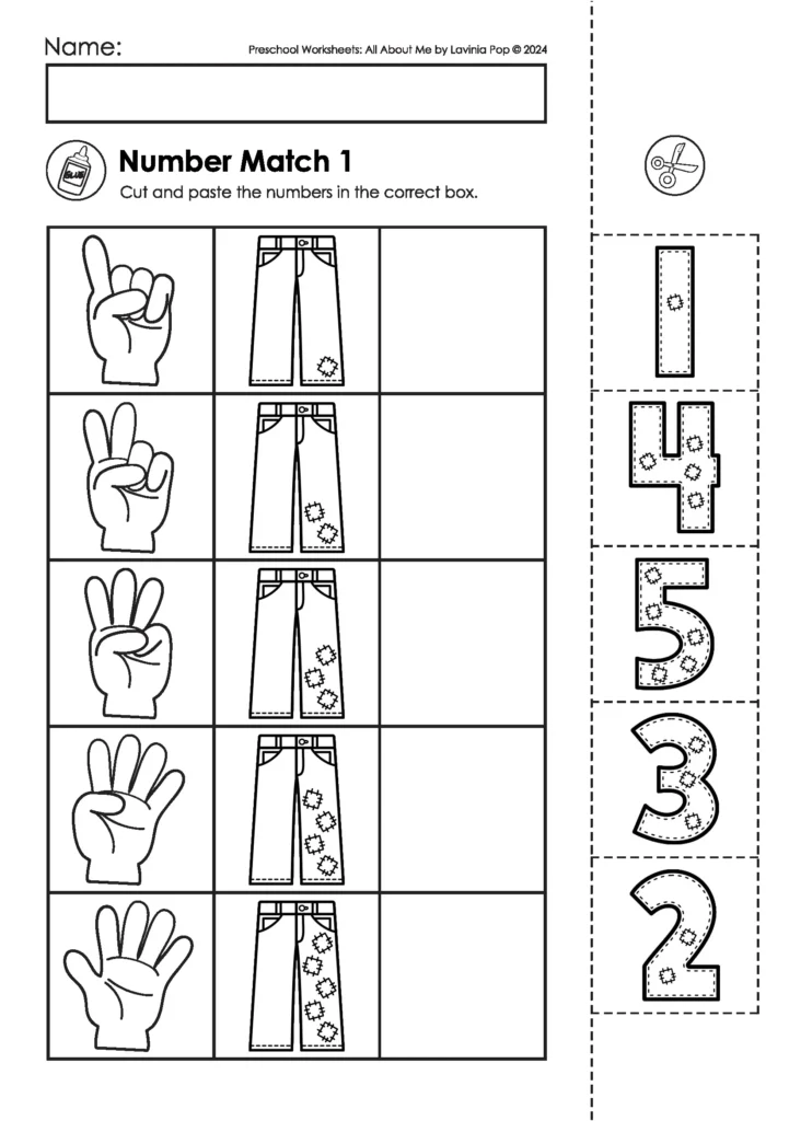 Preschool number recognition cut and paste activity. Students match numbers to jeans and fingers showing the same amount. FREE to download on the blog!