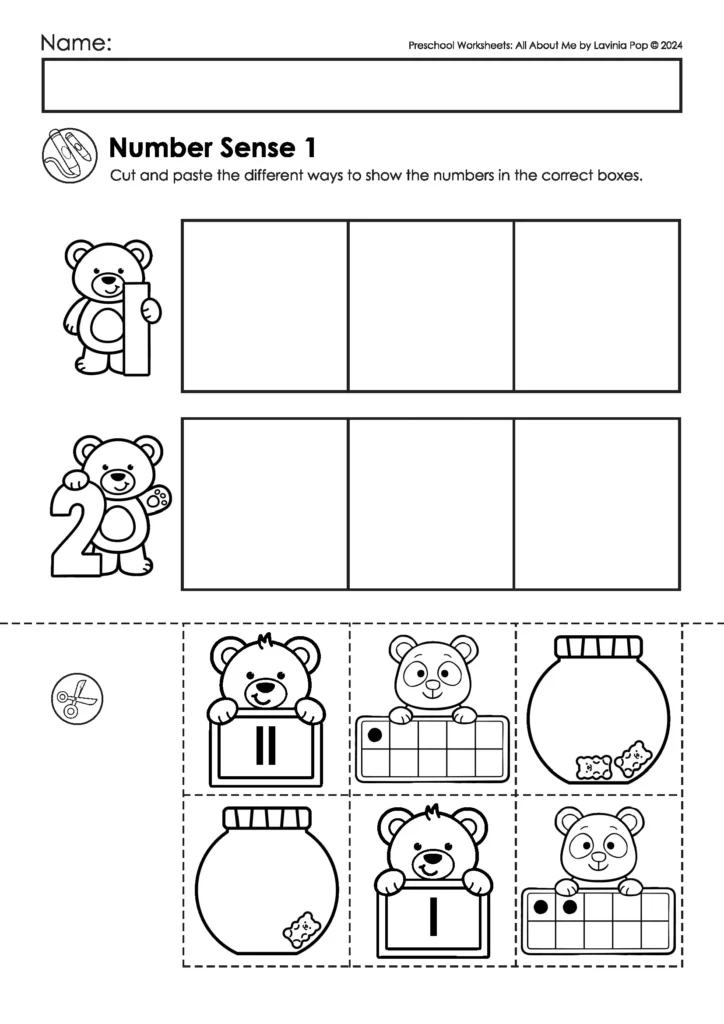 Preschool number sense activity with teddy bears. Students cut and paste different number representations into boxes. FREE to download on the blog!