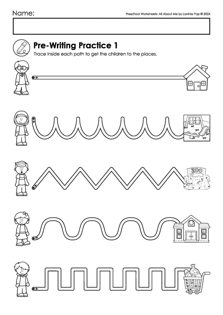Preschool pre-writing practice worksheet. Students trace different paths to help children reach places like school, zoo, and home. FREE to download on the blog!