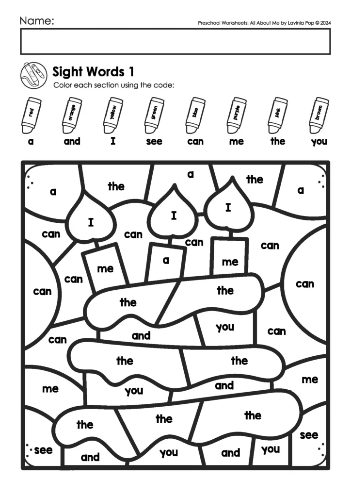 Preschool sight words color by code worksheet for back to school. Students color sections to practice early reading skills. FREE to download on the blog!
