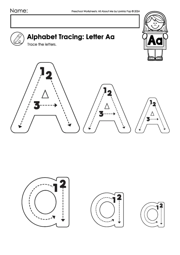 Preschool alphabet tracing worksheet for letter A. Students trace uppercase and lowercase A with directional arrows. FREE to download on the blog!