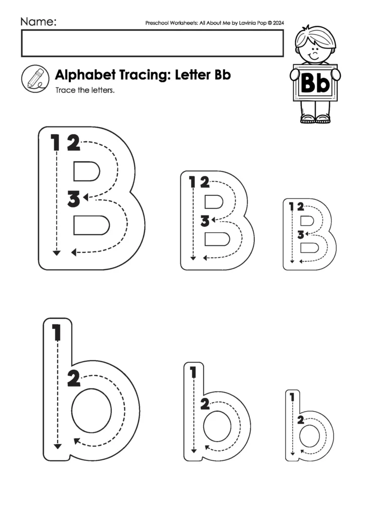 Preschool alphabet tracing worksheet for letter B. Students practice uppercase and lowercase B with stroke order. FREE to download on the blog!