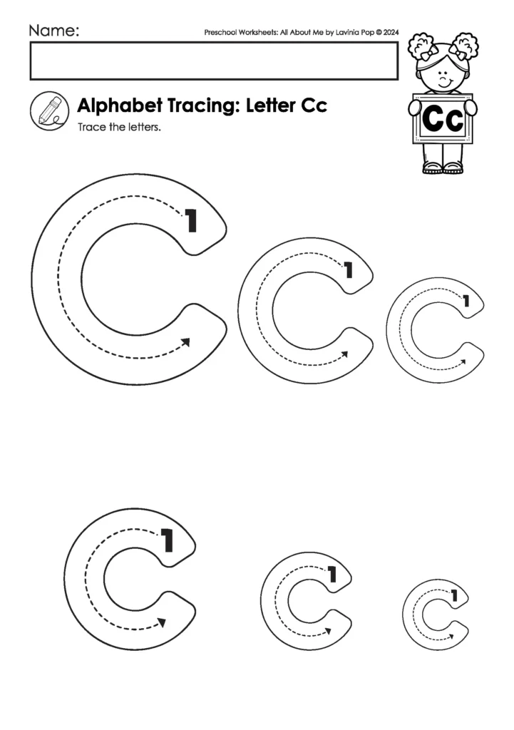 Preschool alphabet tracing worksheet for letter C. Students trace large and small C with dotted line guides. FREE to download on the blog!