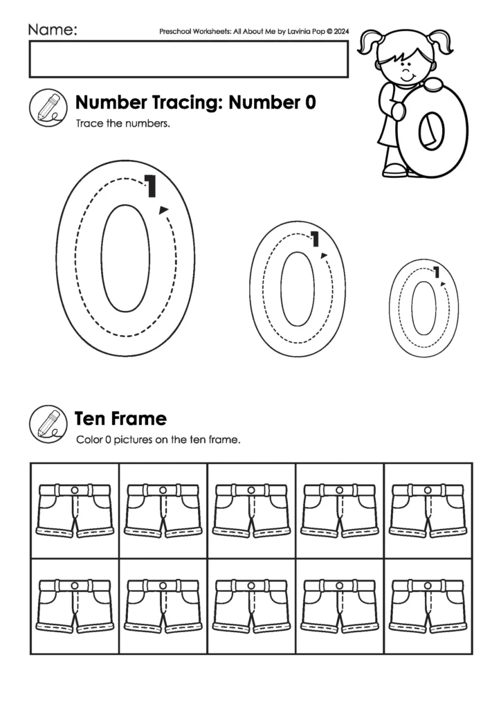 Preschool number tracing worksheet for zero. Students trace the number 0 and color ten frame pictures. FREE to download on the blog!