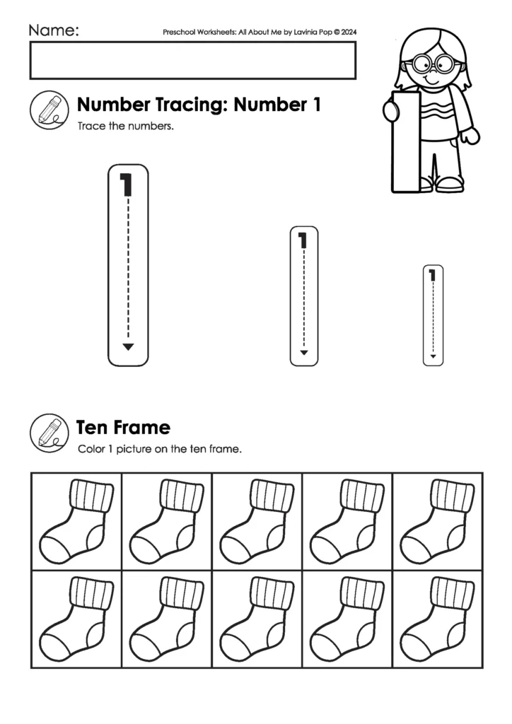 Preschool number tracing worksheet for one. Students trace the number 1 and color pictures in a ten frame. FREE to download on the blog!