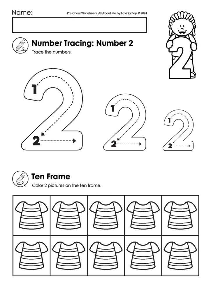 Preschool number tracing worksheet for two. Students trace the number 2 and color objects in a ten frame. FREE to download on the blog!