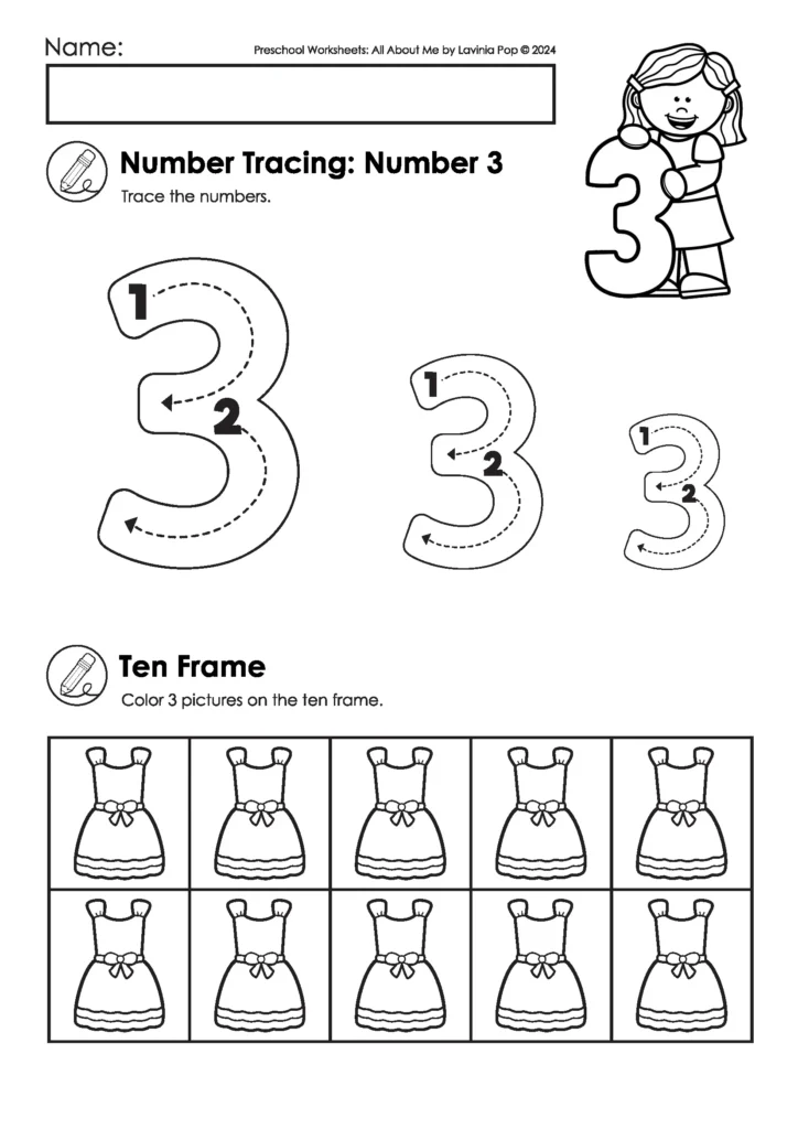 Preschool number tracing worksheet for three. Students trace the number 3 and color objects in a ten frame. FREE to download on the blog!