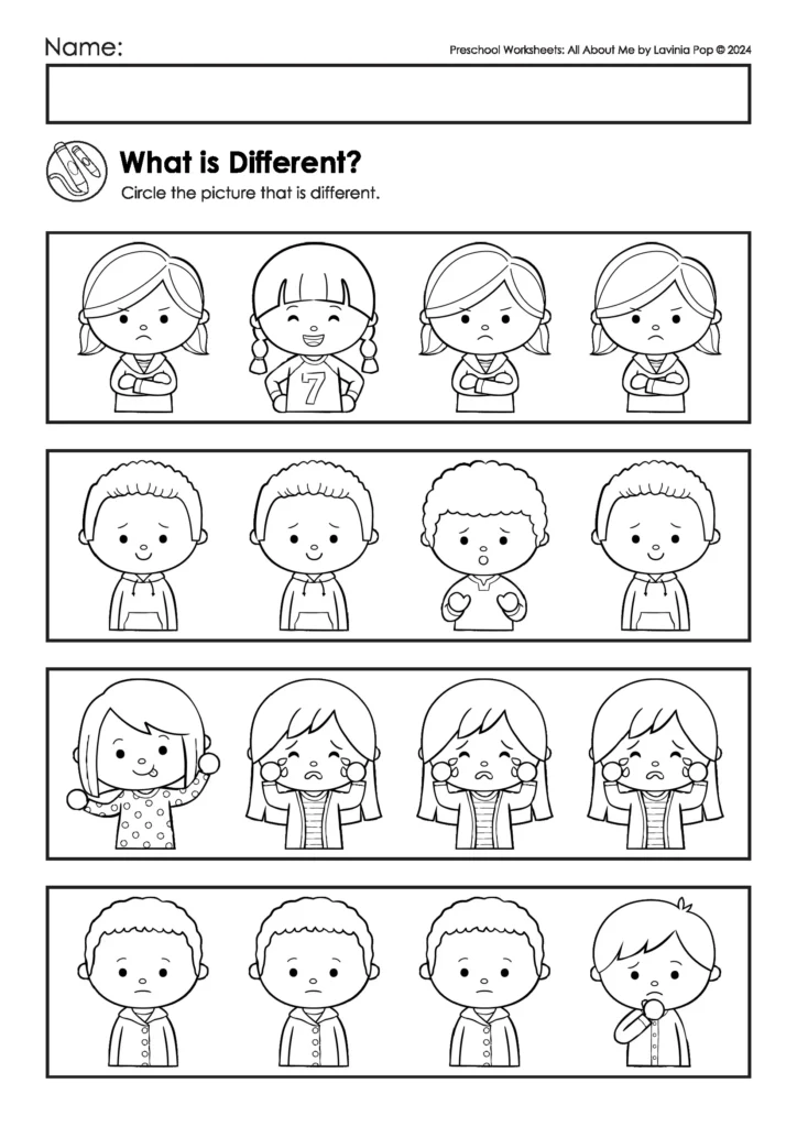 Preschool emotions worksheet. Students circle the picture that is different in each row to build observation and social-emotional skills. FREE to download on the blog!