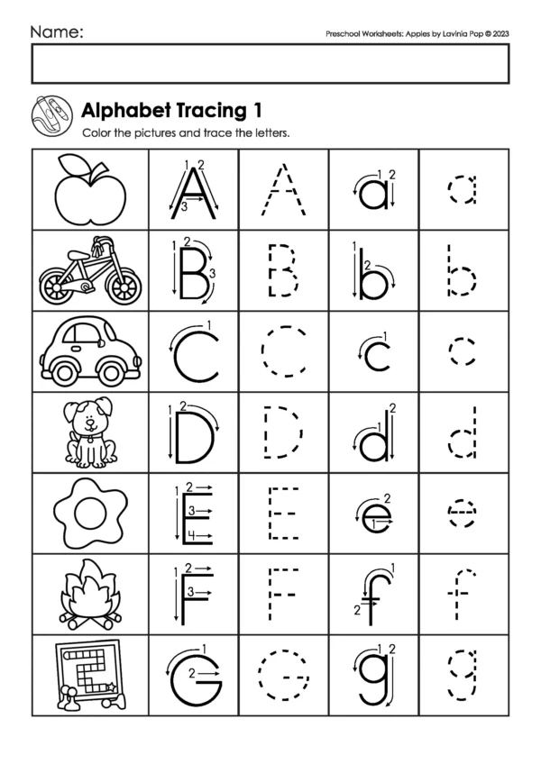 Apple alphabet tracing worksheet for preschool showing uppercase and lowercase letters with pictures to trace.