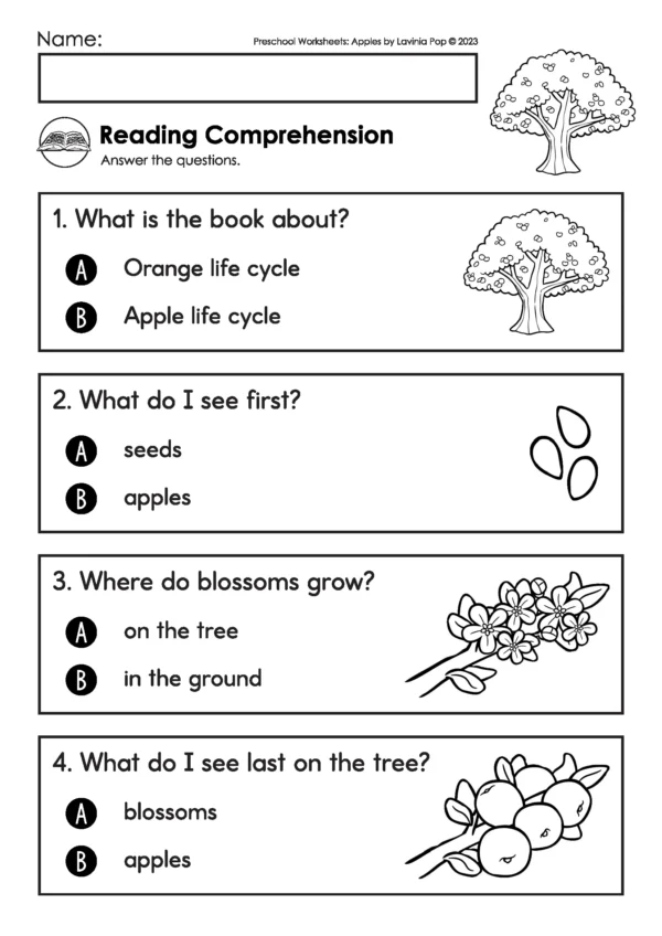 Apple life cycle reading comprehension worksheet for preschool with simple multiple choice questions and illustrations.