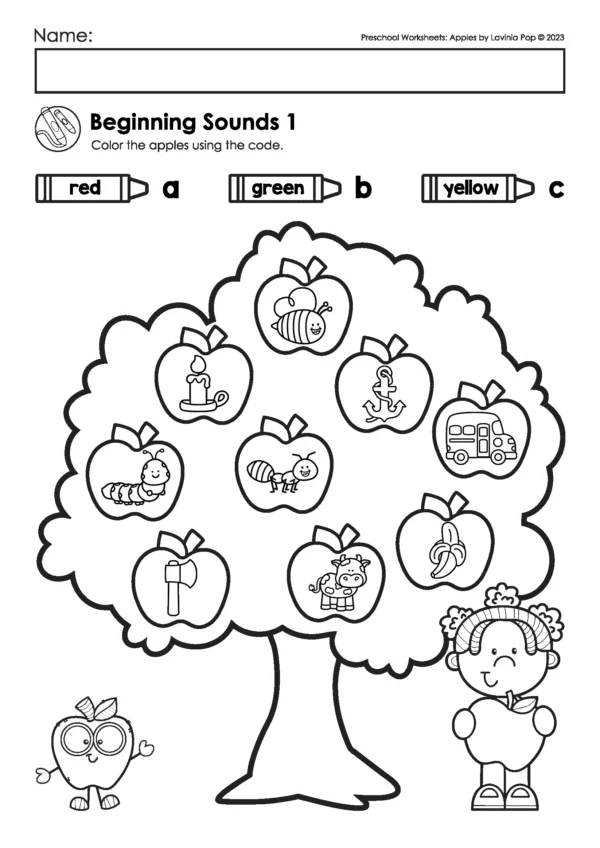 Apple themed preschool worksheet for beginning sounds where children color apples by code to match sounds.