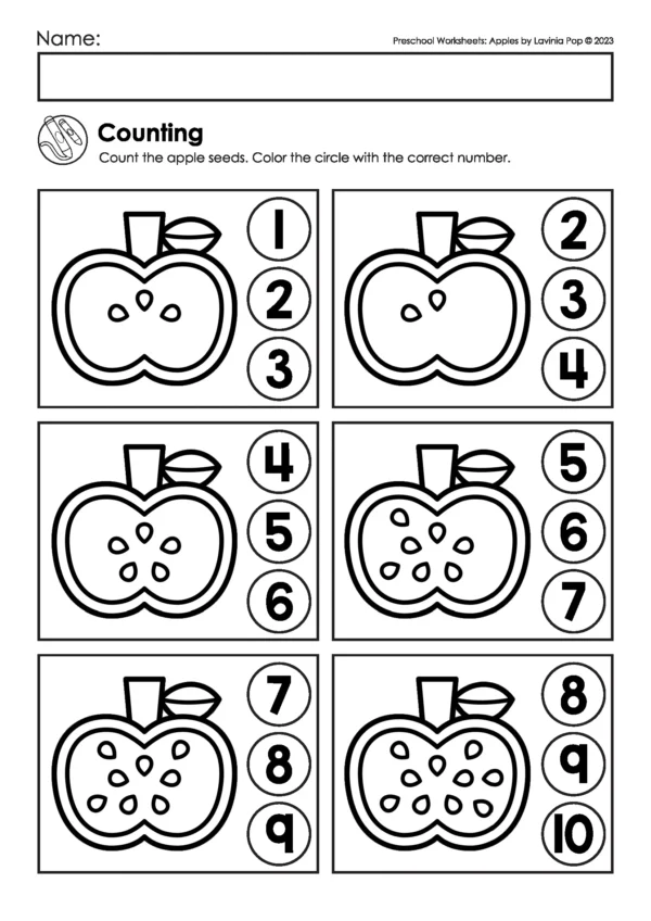 Preschool apple worksheet for counting seeds inside apples and circling the correct number.