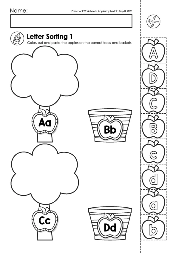 Apple letter sorting worksheet for preschool with cut and paste uppercase and lowercase letters into trees and baskets.