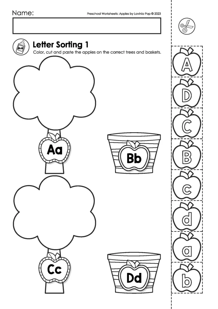 Apple letter sorting worksheet for preschool with cut and paste uppercase and lowercase letters into trees and baskets.