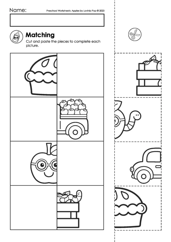 Apple themed preschool worksheet for matching pictures by cutting and pasting puzzle halves together.