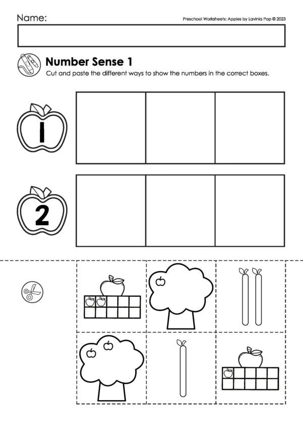 Apple themed preschool worksheet for number sense showing cut and paste boxes to match numbers with different representations.