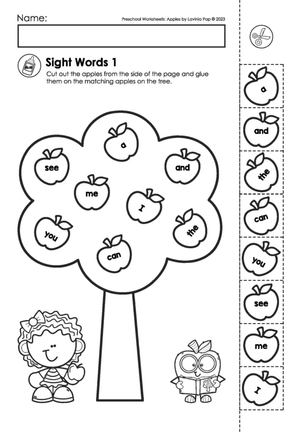 Apple tree sight word worksheet for preschool where children cut out apples with words and paste them on the matching apples in the tree.