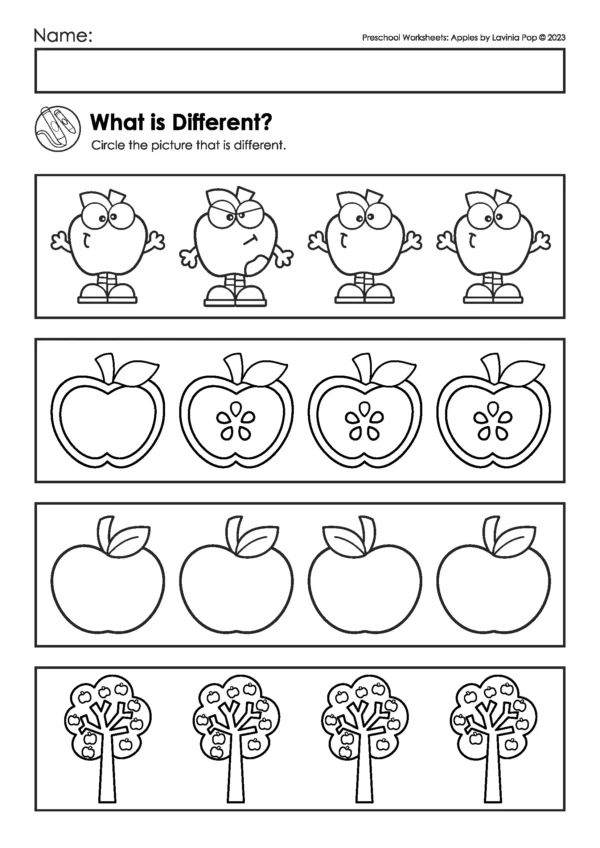 Apple themed preschool worksheet for visual discrimination where children circle the picture that is different in each row.