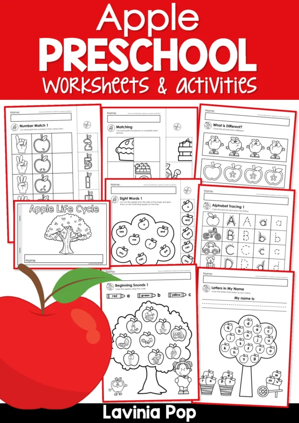 Cover page preview of Apples Preschool Worksheets and Activities free sample pack with literacy and math activities.