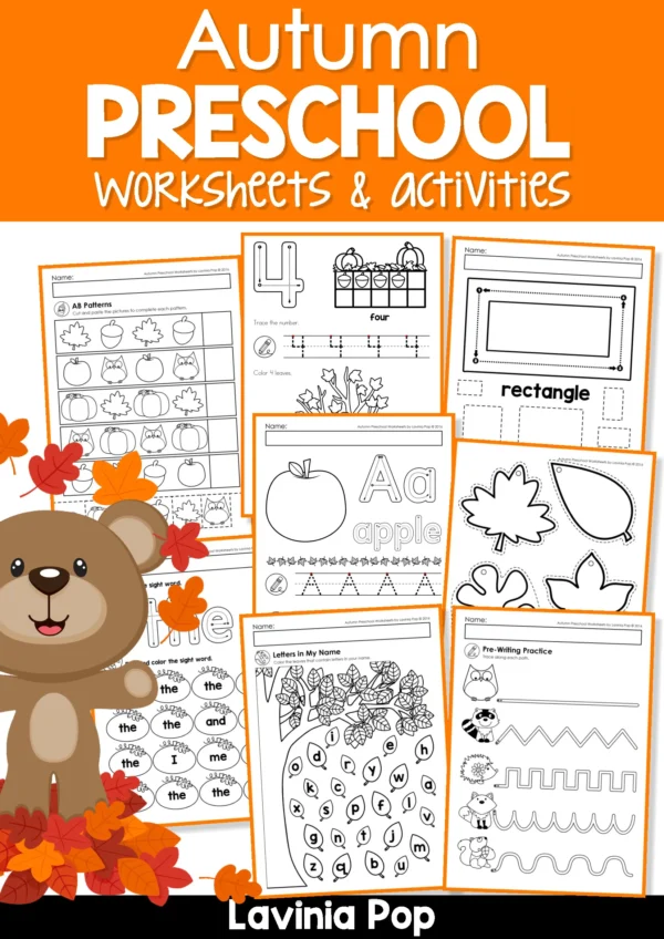 Autumn preschool worksheets packet with fall-themed tracing, counting, patterns, shapes, alphabet, and pre-writing practice pages with a bear and autumn leaves.