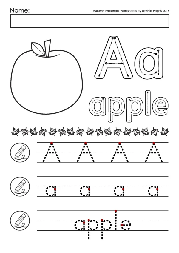Preschool alphabet worksheet with uppercase and lowercase letter A tracing, apple picture, dotted word tracing, and handwriting practice.