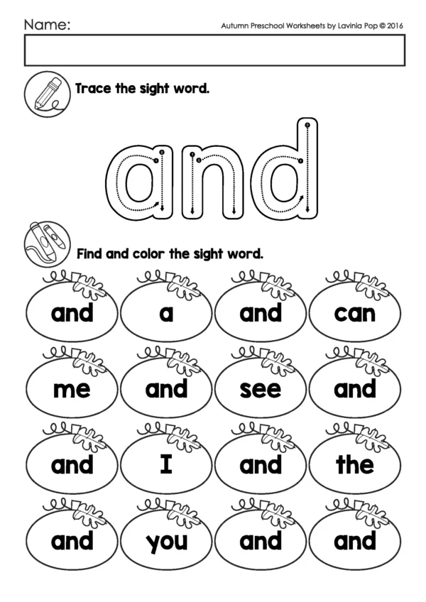 Fall preschool sight word worksheet with tracing, finding, and coloring activities for the word “and” inside pumpkin outlines.