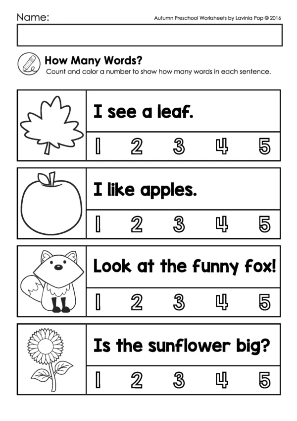 Preschool autumn worksheet where children count words in sentences about leaves, apples, foxes, and sunflowers and color the matching number.
